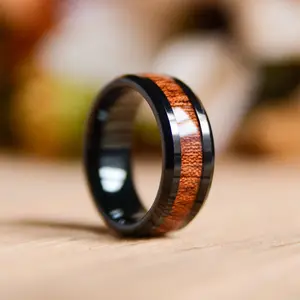 8mm Mens Tungsten Wedding Bands with Koa Wood Inlay Black Tungsten Wood Ring