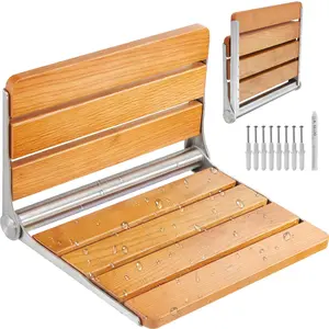 VEVOR Folding Oak Shower Seat, 16.1" x 13.4" Unfolded, Wall Mounted Fold Up Shower Bench with 440 lbs Load Capacity, Space Saving Home Care Fold Down Shower Chair, for Seniors Pregnant Women Children Smooth Steel