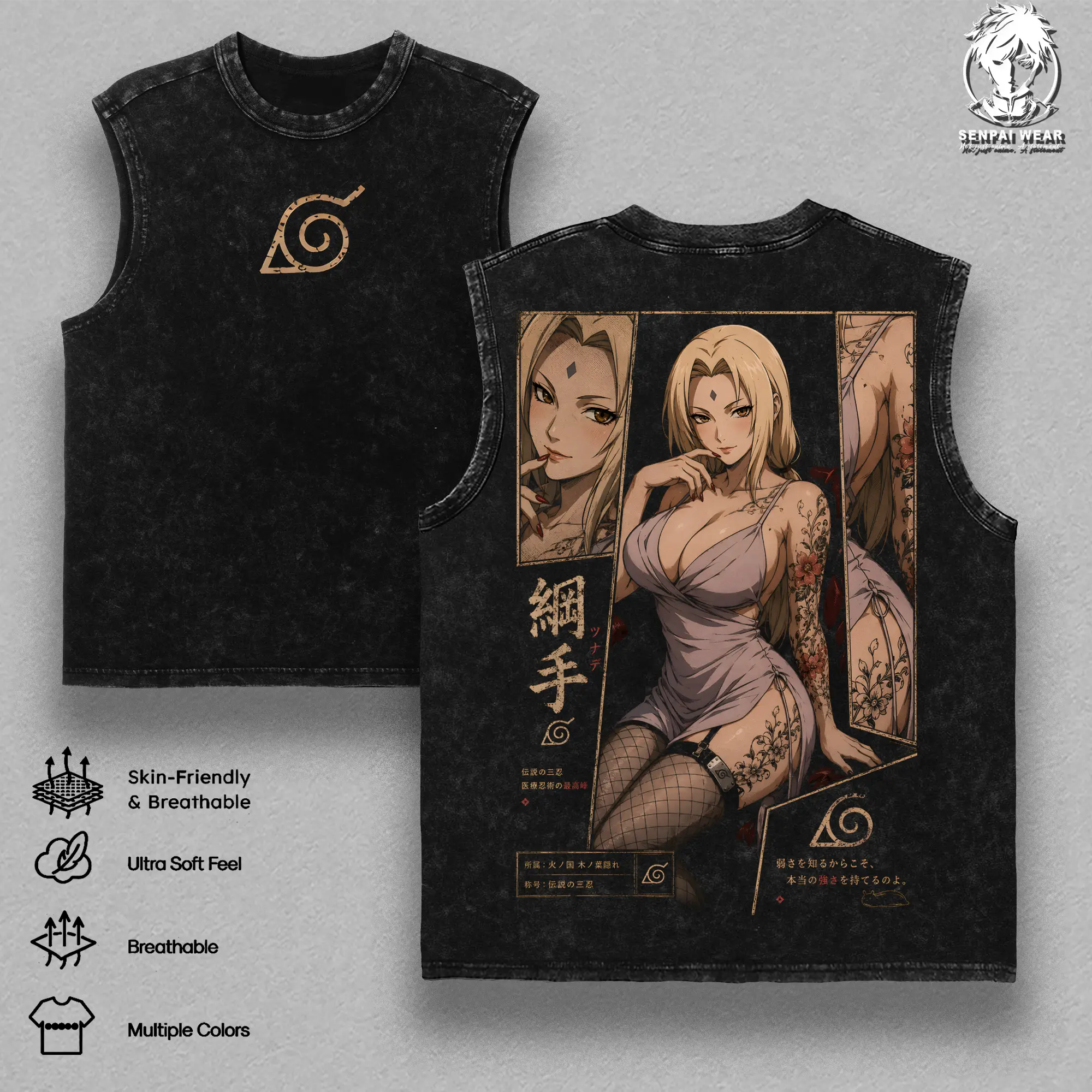 Tsunade Tank Top - NRT Graphic Tee Vintage Washed Shirt Unisex Streetwear Anime Merch Fifth Hokage Tee Slug Princess T-Shirt Gift for Anime Anime Fans