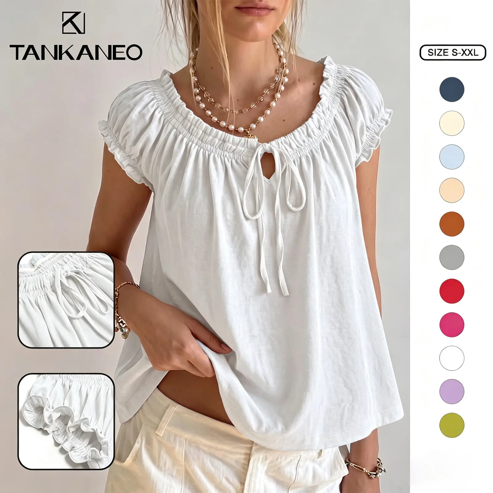 TANKANEO Women's Cotton-Polyester Trending Scoop Neck Blouses - Summer Cap Sleeve Pleated Baby Doll Tops, Adjustable Front Ties, Medium-Length Casual Loose Flowy Cute Tank Tops for Going Out