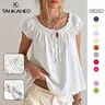 TANKANEO Women's Cotton-Polyester A-Type Tied-Front Scoop Neck Blouses & Shirts - Summer Cap Sleeve Pleated Babydoll A-Line Ruffle Tank Tops, Adjustable Closure, Medium-Length Casual Loose Flowy Night Out Tops