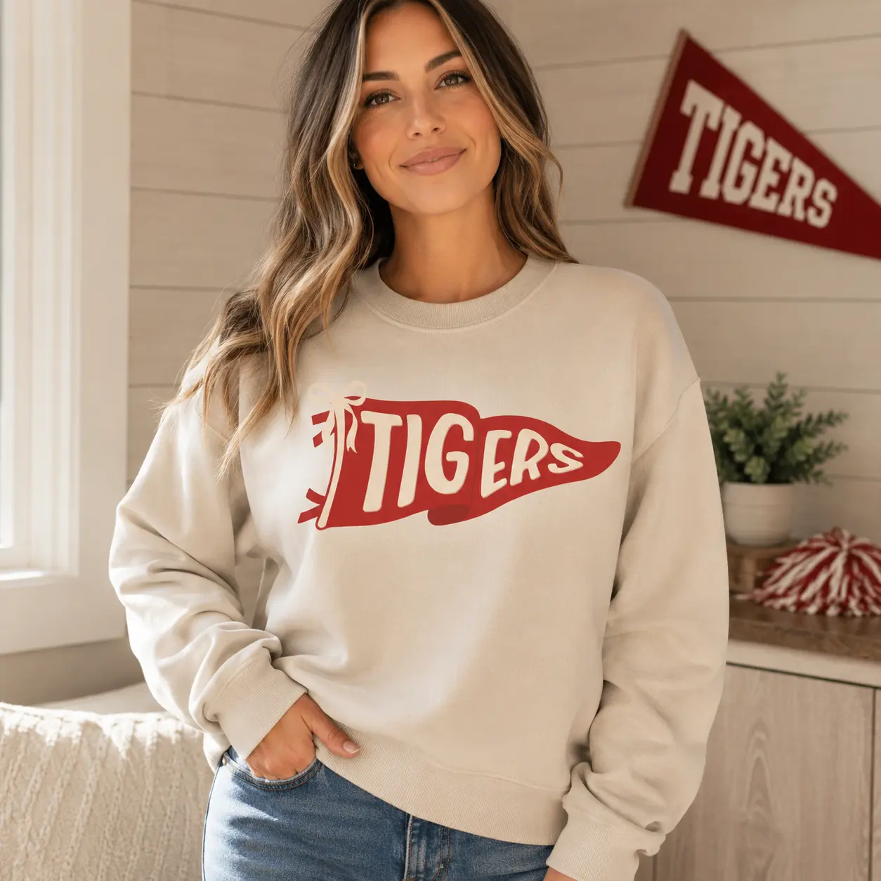 Custom Watercolor Mascot Pennant Sweatshirt, School Spirit Shirt, Back to School Sweater