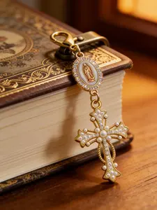 1pc Christian Cross Pearl Diamond Keychain | Romantic Zinc Alloy Bag Charm, Wallet Backpack Pendant Accessories
