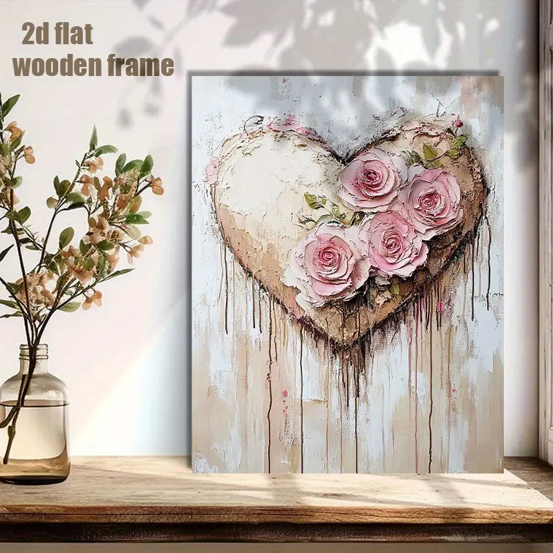 2D Flat Retro Style Heart-shaped Canvas Wall Art with Pink Roses - Rustic Wooden Frame, Textured White Background, Romantic Home Decoration, Suitable for Living Room, Bedroom, Valentine's Day Gift, Hand-painted Floral Painting, Perfect Room Decoration, 2D