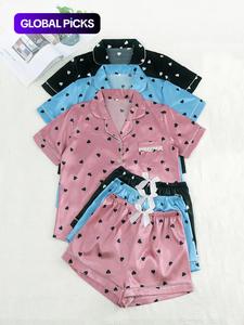 women's heart print contrast binding lapel shirt & elastic waist shorts pyjama set, casual comfy short sleeve pocket button up top & shorts pj set, ladies sleepwear for all seasons, pajamas