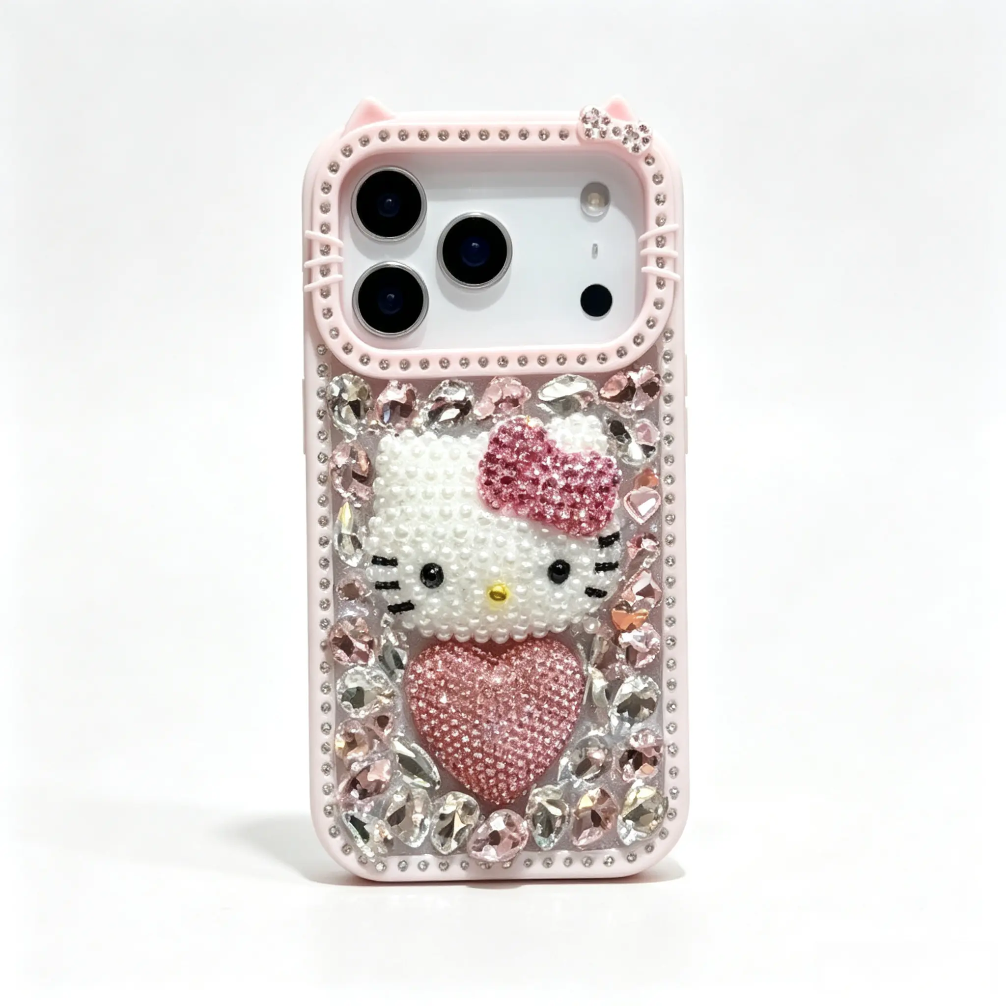 Sanrio Hello Kitty Phone Case, Bling Pearl & Rhinestone Embellished Protective Phone Cover for Women Girls, Cute Character Decorative Cell Phone Case