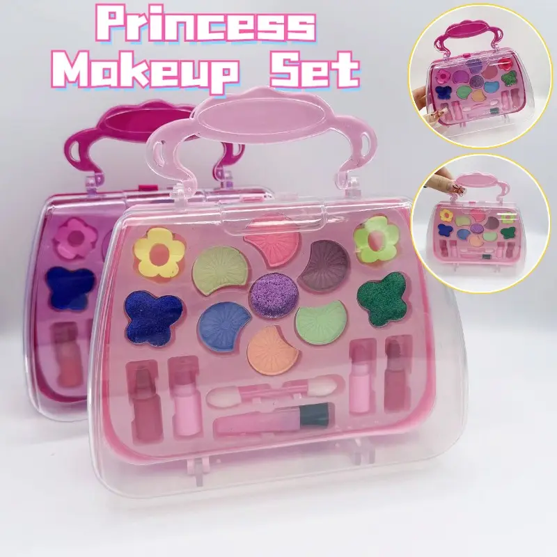 Girls' Washable Non-Toxic Plastic Pretend Makeup Toy Set with Portable Handbag Pouch, Assorted Eye Shadow Pans, Styling Tools for Dress-Up Role-Play, Children’s Day & Birthday Present