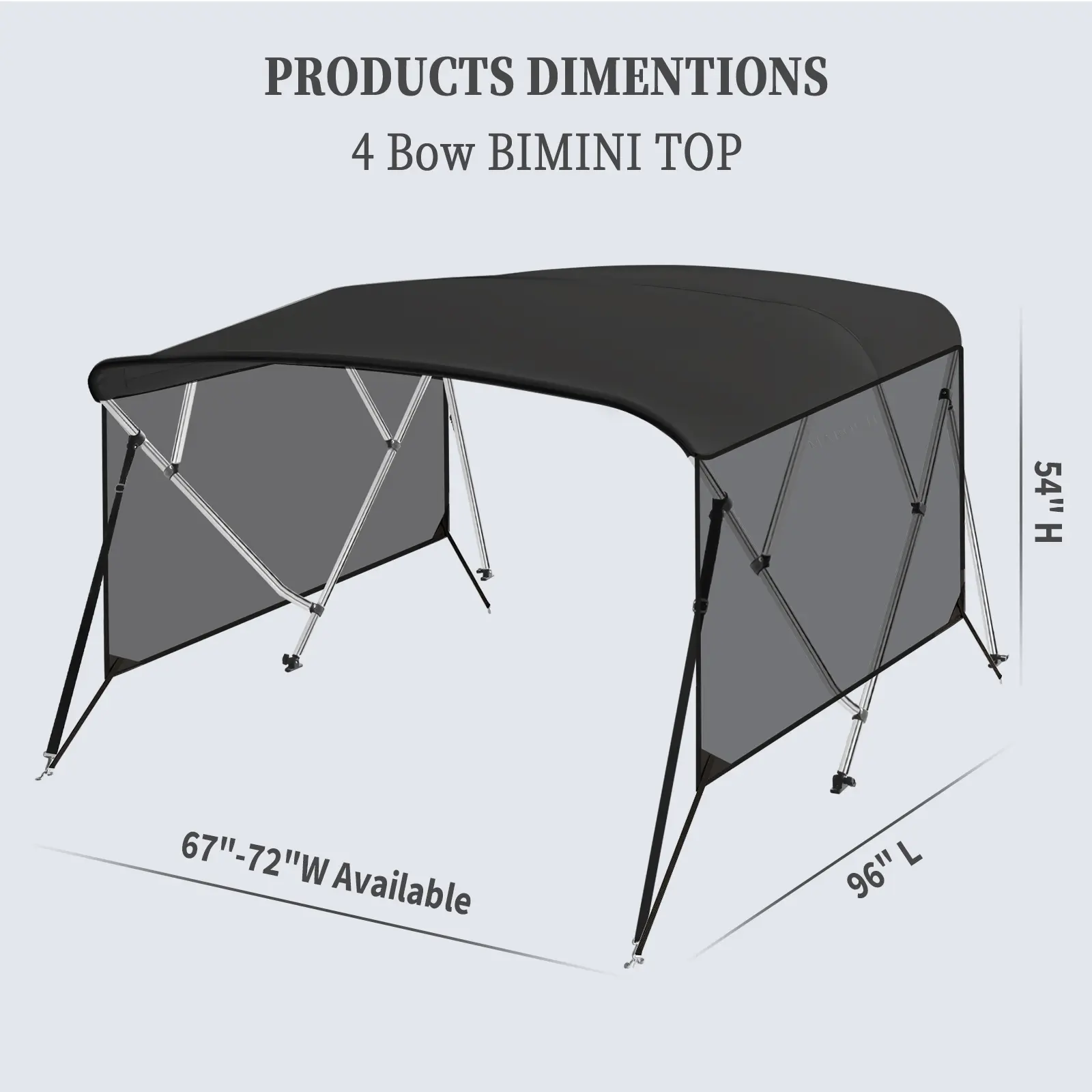 Garvee Marine-Grade 4 Bow Bimini Top for Boats – 8'L x 54" H x 67"-72" W Sunshade Canopy, UV-Resistant PU-Coated Canvas, Zippered Translucent Side Curtains, 1" Aluminum Frame, Rear Support Poles
