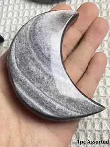1pc Silvery Obsidian Moon Shape | Natural Obsidian Moon Carving Craft for Meditation, Office Home Atmosphere Decoration, Perfect Gift | Boho Style, Stone Material, CRYSTALHOLA Brand