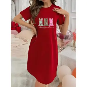 Soft Micro Stretch Women's Lingerie Rabbit Happy Easter Printed Short Sleeve Round Neck Nightgown Sexy Elegant Young Style Women's Valentine's Day Dress Mother's Day Christmas Thanksgiving New Year Gift Ideas