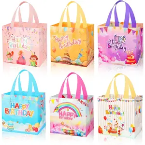 6 count Happy Birthday  Bags,   Non Woven Happy Birthday Party  Wrapping Bags with Handles for Girls Boys Women Men