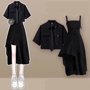 2025 Women's Summer New In Fashion Irregular Dress Matching Set Korean Elegant Short Sleeve Shirt+Strap Skirt Two Piece Suit