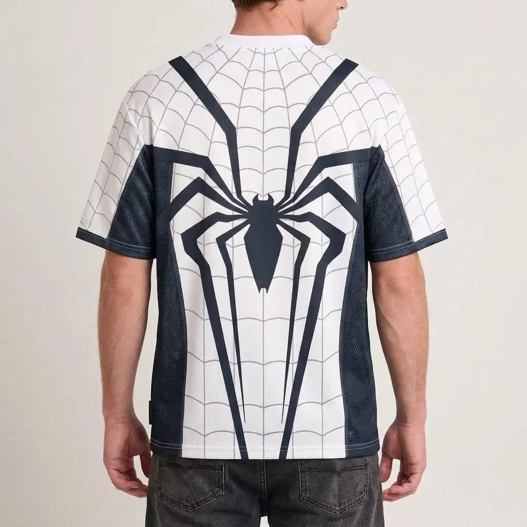 White Spider Web Graphic Jersey, Vintage Black Spider Concept Shirt, Retro Sports Top, Oversized Athletic Streetwear Jersey, Cool Web Pattern Short Sleeve Jersey