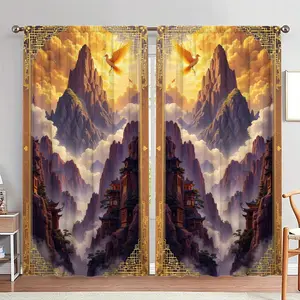 Landscape Pattern Door Curtain, 1 Set Chinese Style Art Print Door Curtain, Home Decor for Living Room Bedroom, Room Divider Curtain