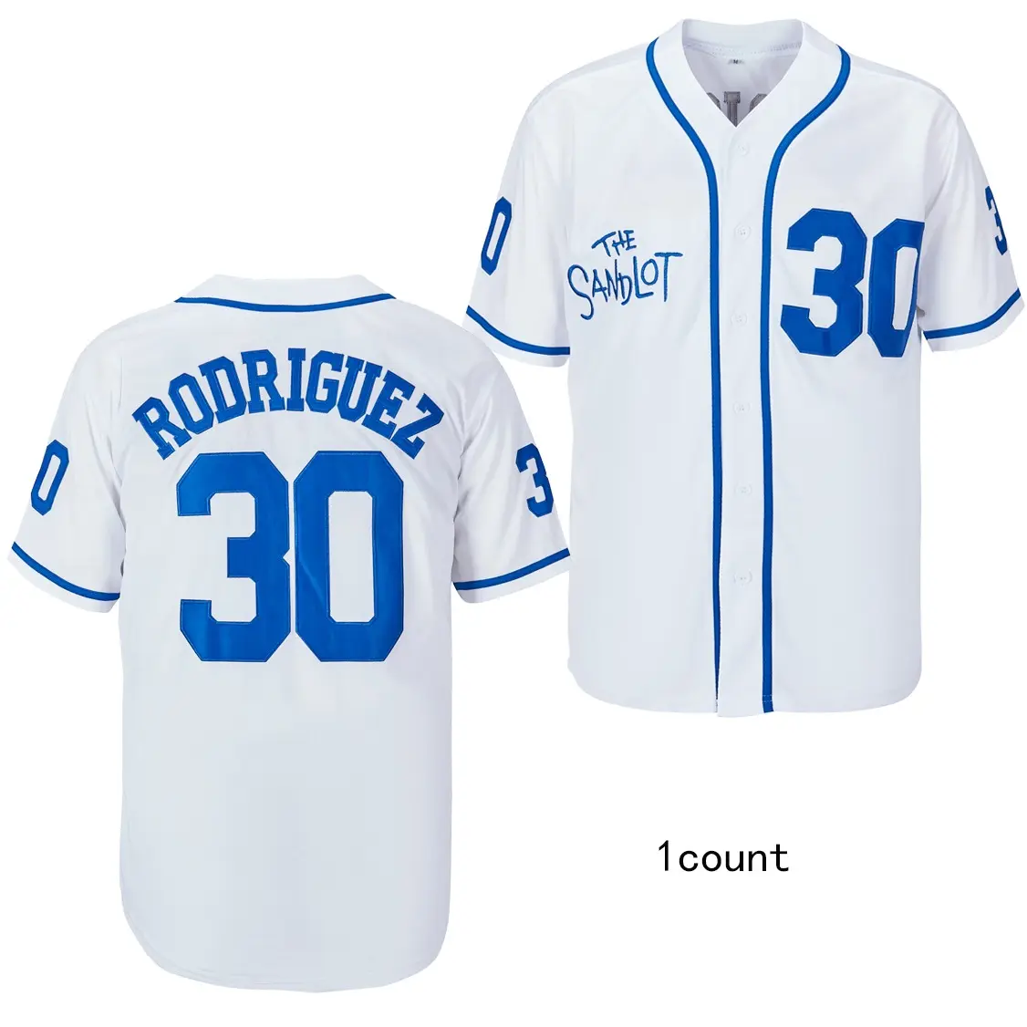 Men's Baseball Jersey, Rodriguez #30 Sandlot Replica, V-Neck Pinstripe with Embroidered Details, Breathable Polyester Mesh Athletic Wear, Clothing, Sports Apparel, Uniform, Sporty Chic, Male, Baseball Play, Pinstripe Pattern, Pinstripe Look