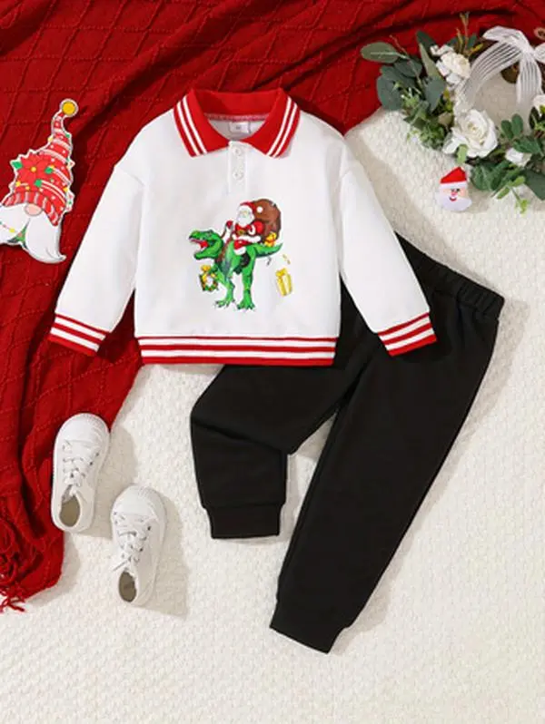 Ready Stock Kid Boys Clothes 4Y,5Y,6Y,7Y Boys Santa Riding Dinosaur Print Long Sleeve Lapel Tops & Pants 2Pcs for Xmas Casual Wear 12407167