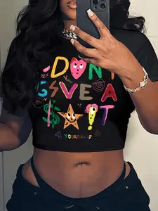 Women's Cartoon & Letter Print Round Neck Fitted Crop Tee, Casual Short Sleeve T-shirt for Daily Wear, Ladies Clothes for All Seasons