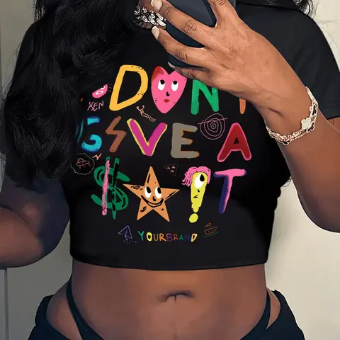 Women's Cartoon & Letter Print Round Neck Fitted Crop Tee, Casual Style Tee, Casual Streetwear Short Sleeve T-shirt for Daily Wear, Ladies Clothes for All Seasons, Casual Summer Tops, Top, Fashion Casual Top