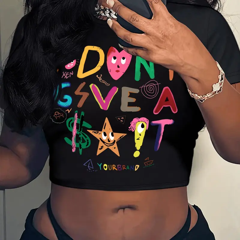 Women's Cartoon & Letter Print Round Neck Fitted Crop Tee, Casual Style Tee, Casual Streetwear Short Sleeve T-shirt for Daily Wear, Ladies Clothes for All Seasons, Casual Summer Tops, Top, Fashion Casual Top