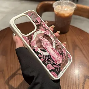 Pink floral Madonna Fashion Pattern Transparent Acrylic Magnetic Phone Case for iPhone 17 16 15 14 13 12 11 X XS Pro Max Plus Air Samsung Galaxy S25 S24 S23 S22 Ultra-Thin Anti-Drop Wear-Resistant Mag Safe Phone Case