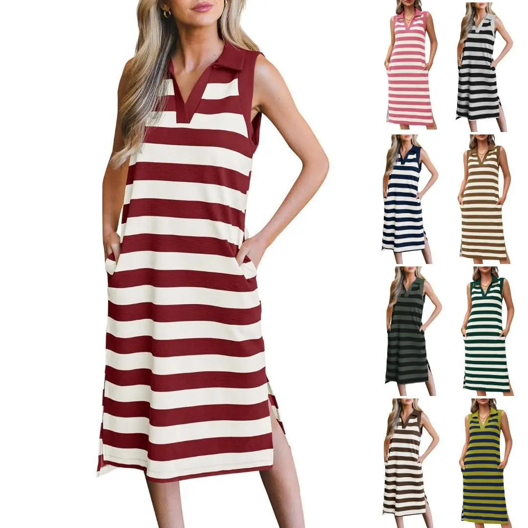 Imily Bela Women's Striped Summer Dress Casual Polo V Neck Sleeveless Slit Loose Fit T Shirt Midi Dresses Long styles and short styles
