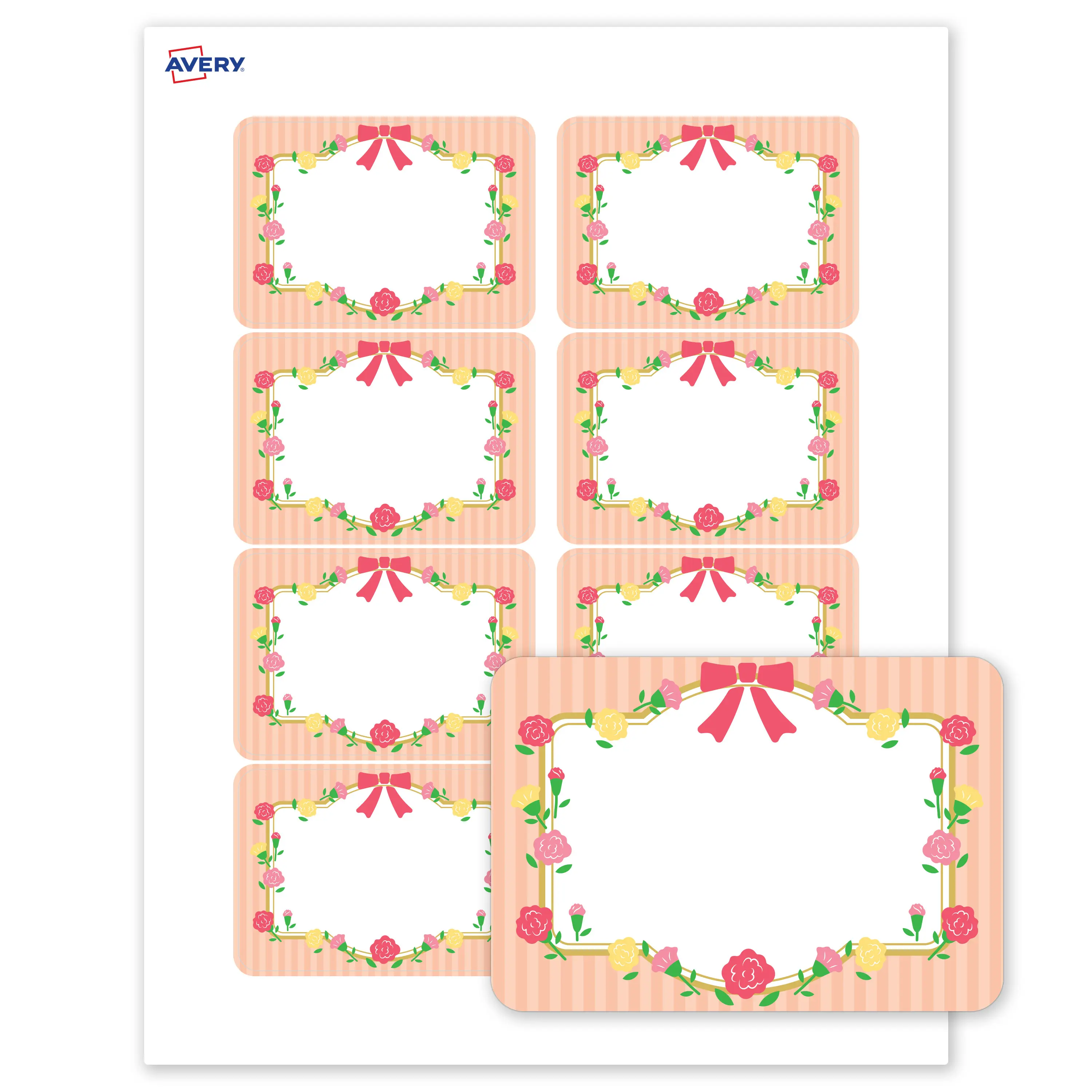 Avery® Printable Adhesive Name Tags Name Badges, 2-1/3" x 3-3/8", Matte White, Pre-printed Gold Frame, Ribbon, Roses & Stripes Design Great for Weddings, Laser & Inkjet Compatible, 80 Total