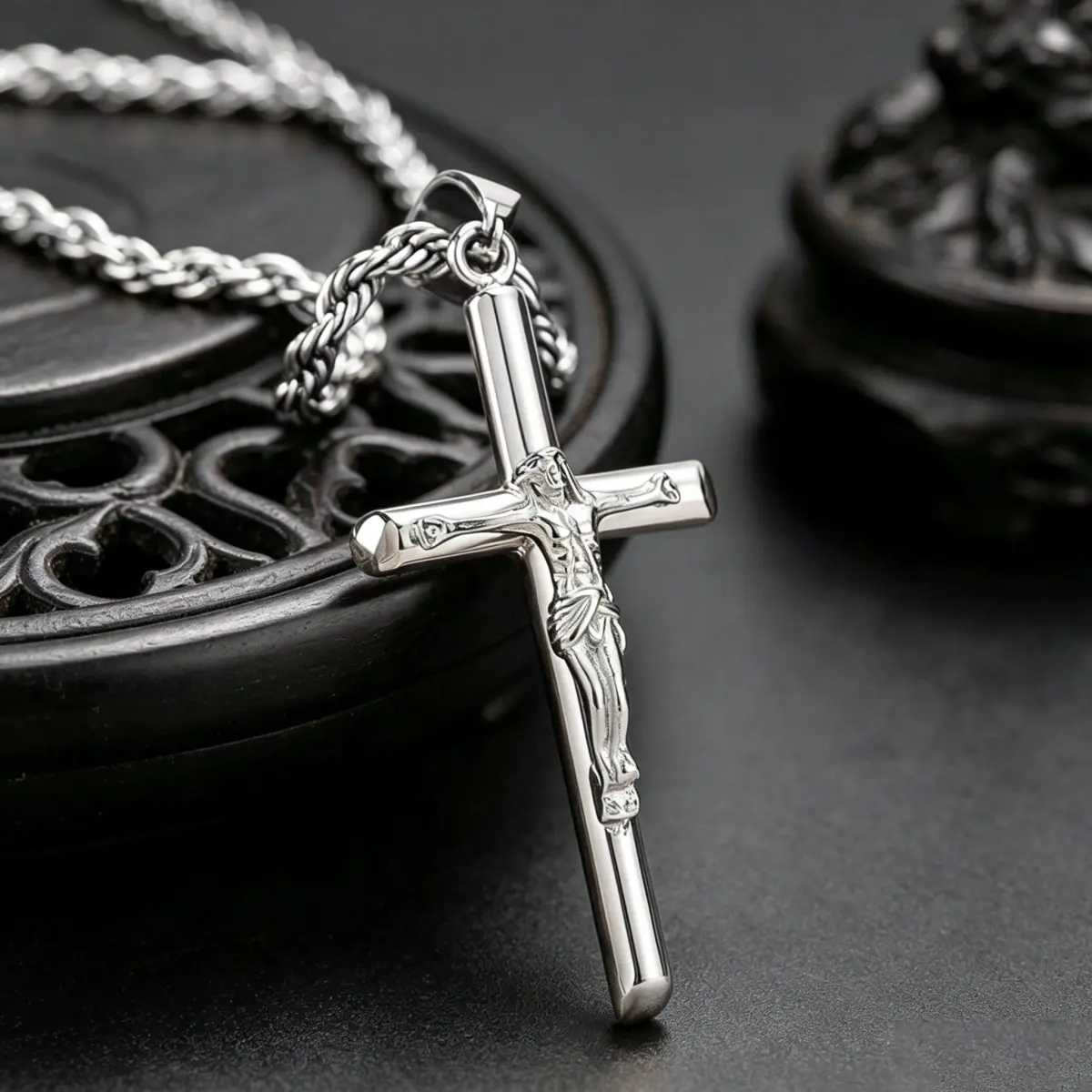 18K Gold/Silvery Plated Jesus Crucifix Cross Necklace, 18-26 Durable Twisted Rope Chain Christian Religious Pendant Necklaces, Inspirational Jewelry Gift for Men