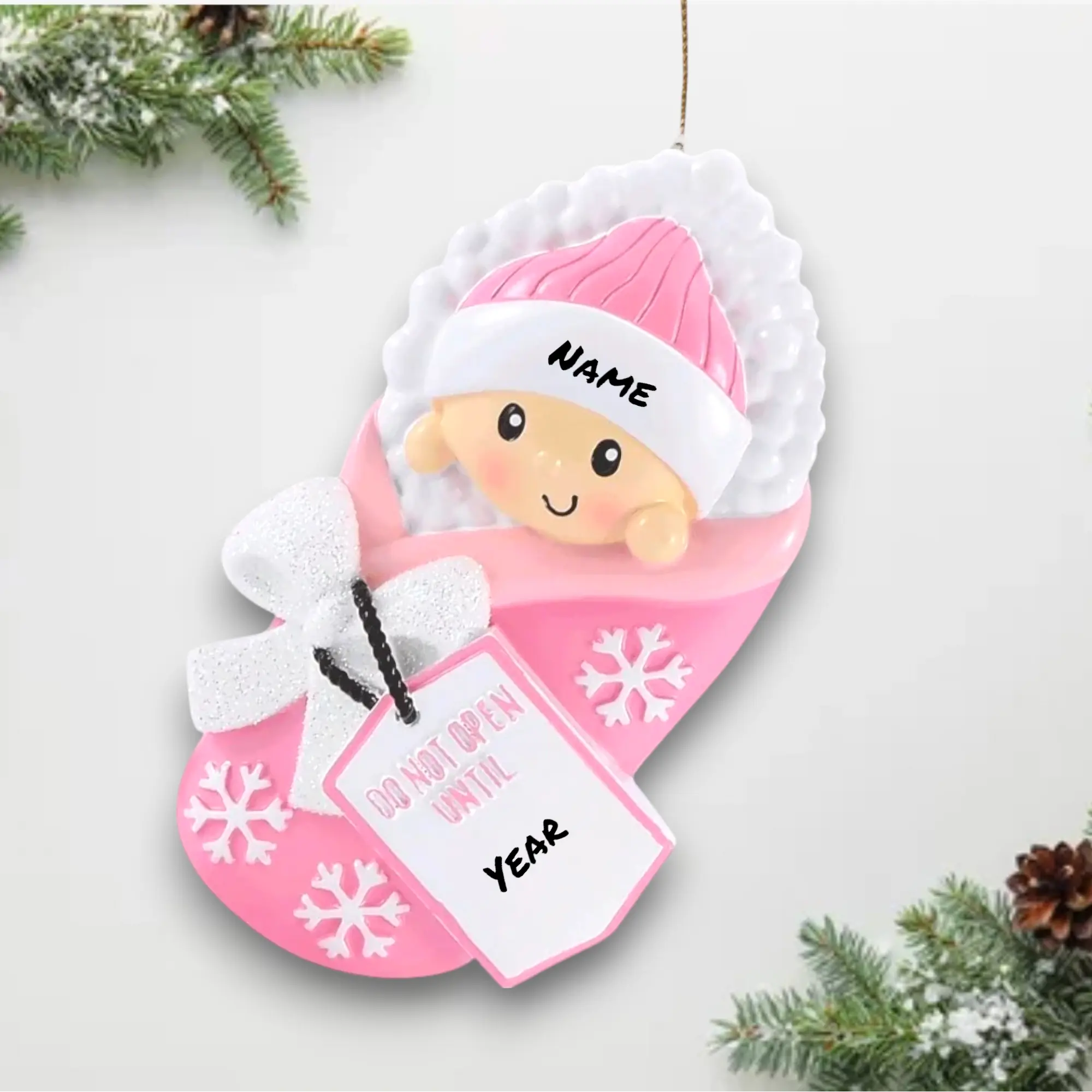 Personalized Do Not Open Until Christmas Ornament – Pink Baby Gift with Name & Year – Pregnancy Reveal or First Christmas Keepsake 2025