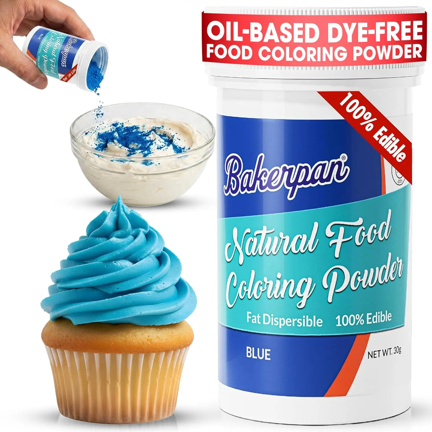 Bakerpan 2 Pack Blue Food Coloring Powder for Baking - 30g Oil Based, Artificial Dye-Free, Plant-Based, Kosher, Gluten-Free - For Buttercream, Chocolate, Candy & Cakes