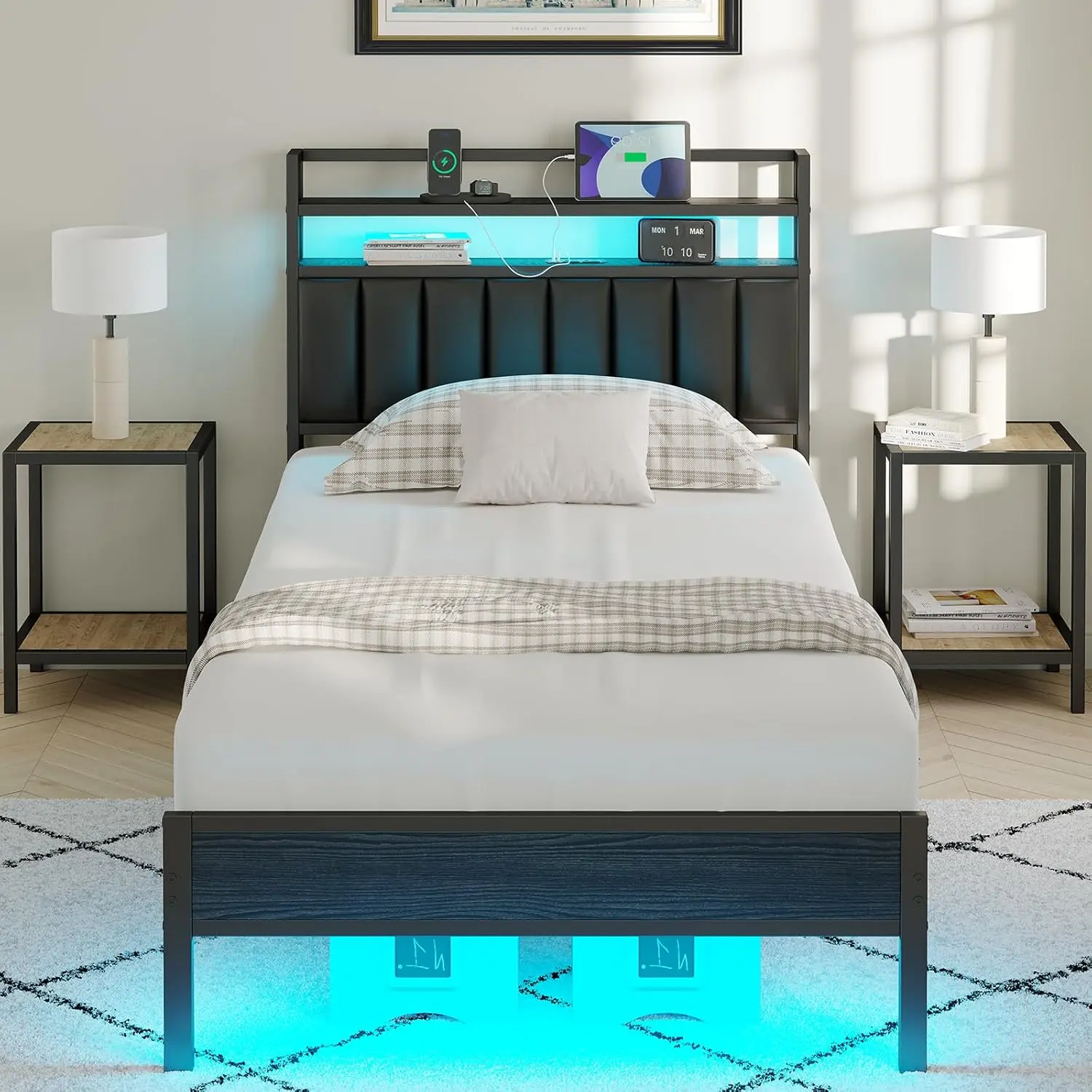 Modern Upholstered Headboard Bed Frame with LED Lights, Charging Station, Storage Shelves, Heavy-Duty Metal Slats, Noise-Free, No Box Spring Needed, Easy Assembly, Steel Bed Frames, Bedroom Furniture, Dorm Essentials, Metal Bed Frames
