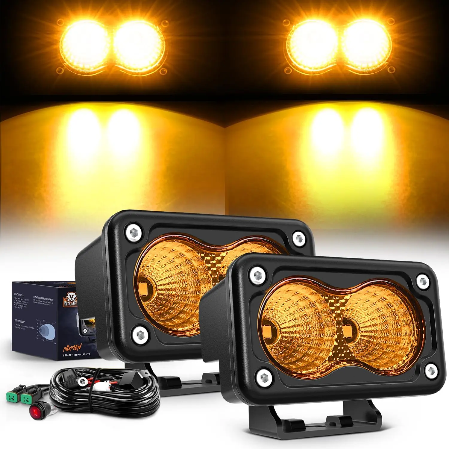 Nilight Motorcycle Front LED Lights - 2PCS 3in Amber Flood LED Pods, 1070LM Offroad Fog Driving Auxiliary Lights with 18AWG DT Wiring Harness Kit for ATV, Truck, Front Led Light