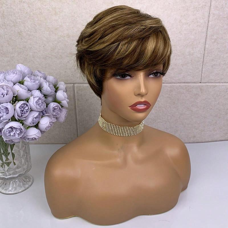 Highlight Ombre Blonde Honey Gold Human Hair Wigs Short Straight Pixie Cut Hair Bob Wig Hair For Woman