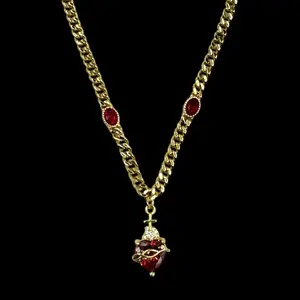 Thorned Sacred Heart Red Gem Chain Necklace