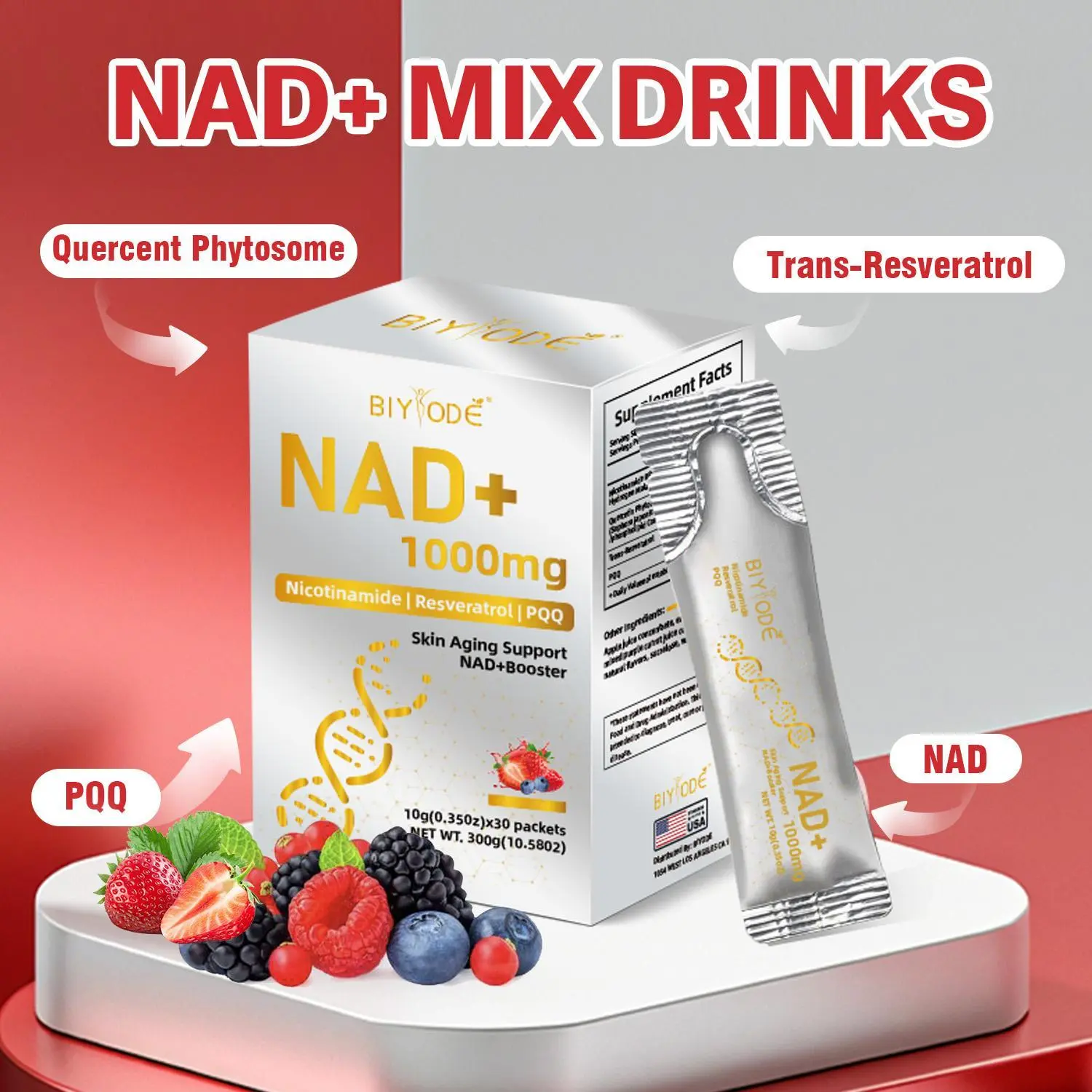 BIYODE NAD+ Berry Flavor 1000mg Berry Flavor Drink Mix for Skin Aging Support, Energy, and Focus - 30 Pack-Vitamins