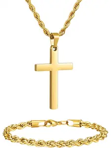 Stainless Steel Cross Necklace and Bracelet Set for Men, Rope Link Chains 18"/20"/22" Length, Bracelet 7 1/2" and 8" Length, No Tarnish & Durable Mens Religious Gift