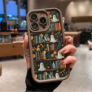 Vintage Ghost Bookshelf Pattern TPU Phone Case for iPhone 17 16 15 14 Pro Max 13 12 11 Air XR XS Plus E Shockproof Drop Protection Rugged Durable Silicone Cover Cellphone Protective Smartphone Casing