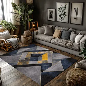 Navy Blue Grey Mustard Yellow Gold Line Geometric Crystal Velvet Area Rug Non‑Slip Luxury Modern Living Room Rug#NavyGoldGeometricRug #SquareTriangleRug #ModernLuxuryDecor #GoldLineContemporaryCarpet #CrystalVelvetRug