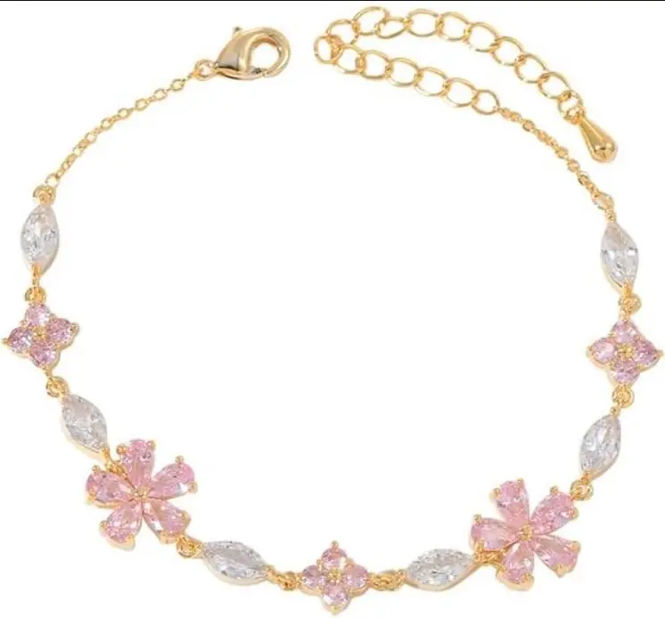 Pink Crystal Cherry Blossom Flower Chain Link Bracelet For Women Gold Silver Plated Fashion Cute Delicate CZ Petal Floral Sakura Bangle Bracelets Adjustable Sweet Dainty Fine Jewelry Gifts For Her
