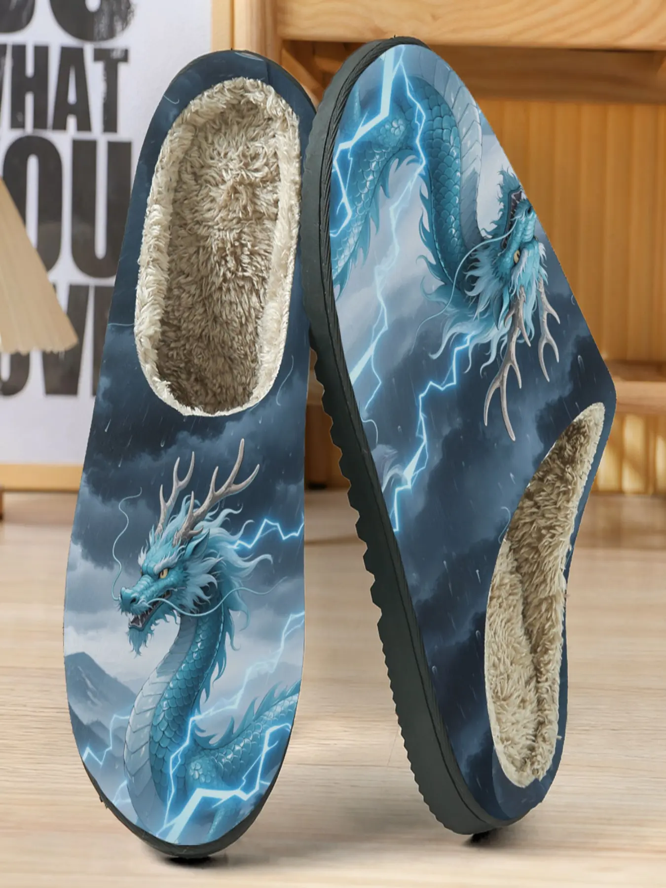 Dominant Blue Dragon Cotton Slippers, Dark Cloud Lightning Background, Ice Blue Dragon Image, Soft Plush Lining, Casual Home Wear