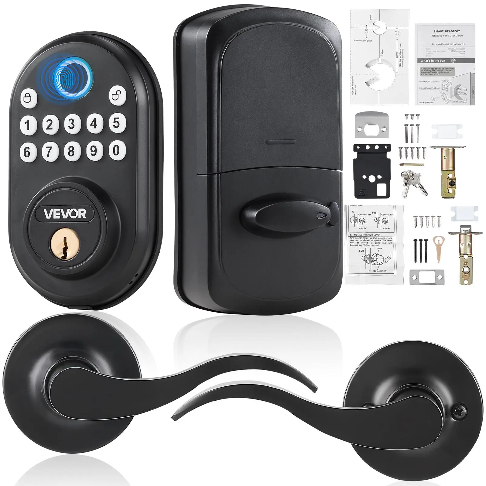【summerfinds】VEVOR Fingerprint Door Lock with Level Handles, Fingerprint/Keypad Code/Key, One-Time and Anti-Peeking Password, Constant Unlock Mode, Aluminum Alloy, Electronic Keypad Deadbolt for Entry Doors