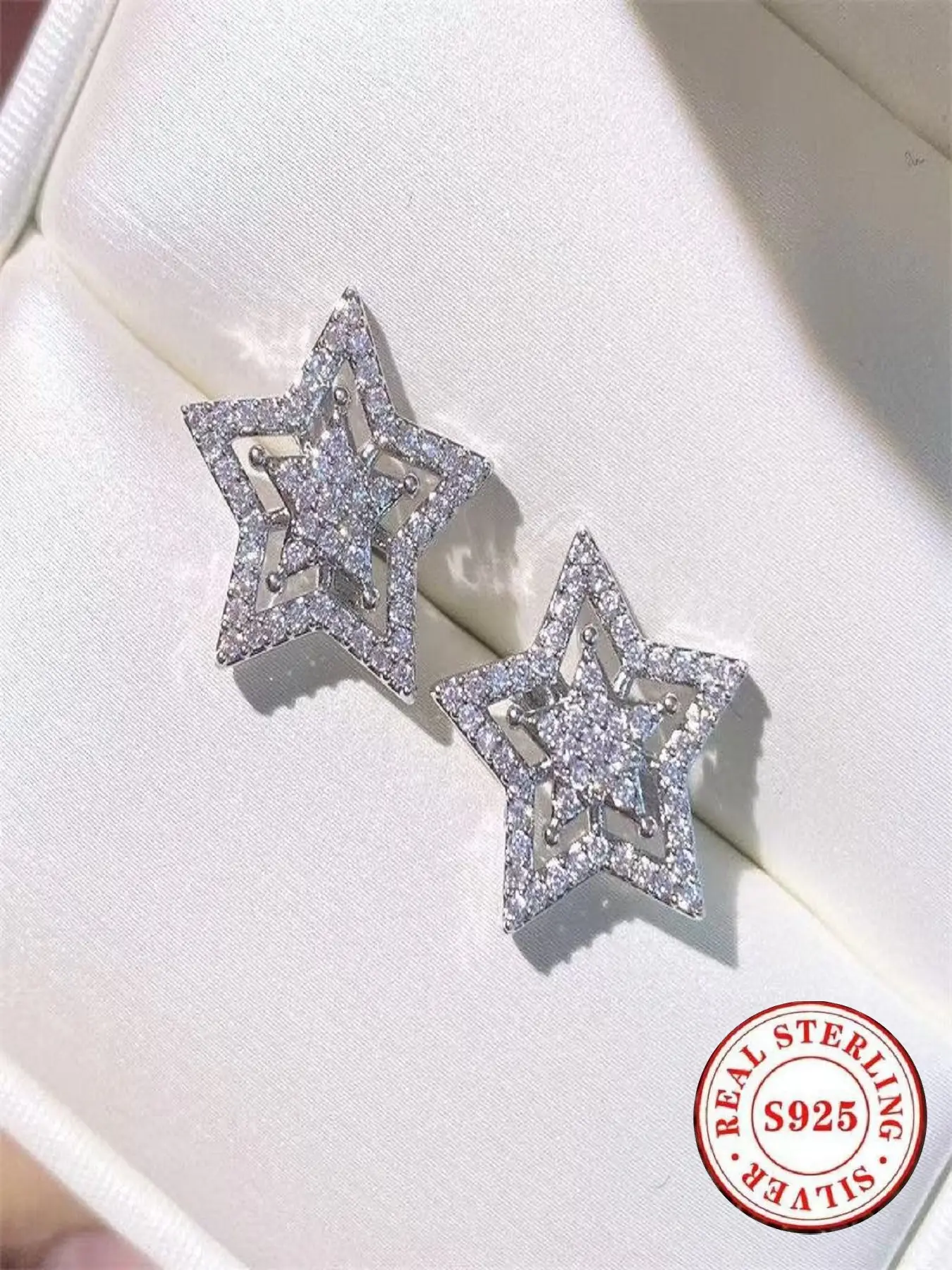 S925 Sterling Silver Women's Double Star Zircon Earrings - Shining Crystal Inlay, Zircon Stud Earrings, Fashionable Star Design, Elegant Party Jewelry, Perfect Gift, Artificial Zircon Earrings, High Quality Earrings