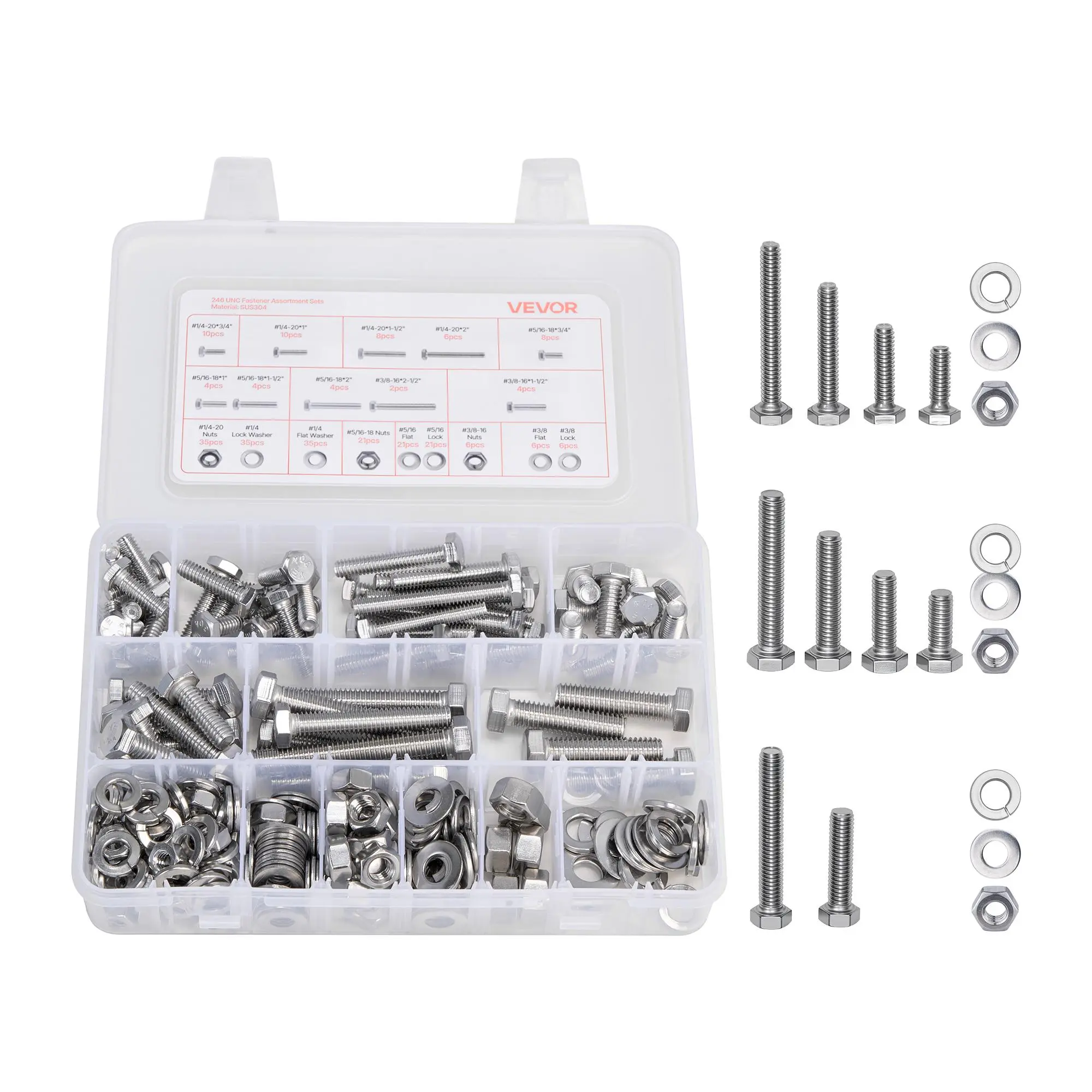 VEVOR 246-Piece A2-50 Grade Rust-Resistant Stainless Steel Heavy-Duty Bolts & Hex Nuts Assortment Kit with Labeled Parts Box, Imperial Threads 1/4-20,5/16-18,3/8-16 Fasteners with Flat & Spring Lock Washers for Furniture Assembly, DIY Projects (In)