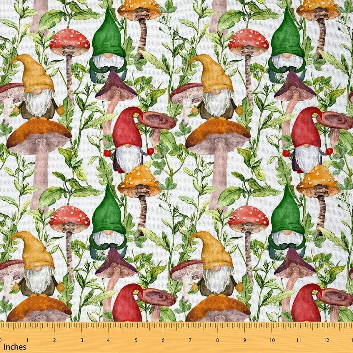 Cute Gnome Fabric,Rustic Mushroom Leaves Colorful Plants Soft Flannel Polyester Fabric Curtains Lamp Shade,Farmhouse Botanical Sewing Fabric Gifts DIY Projects