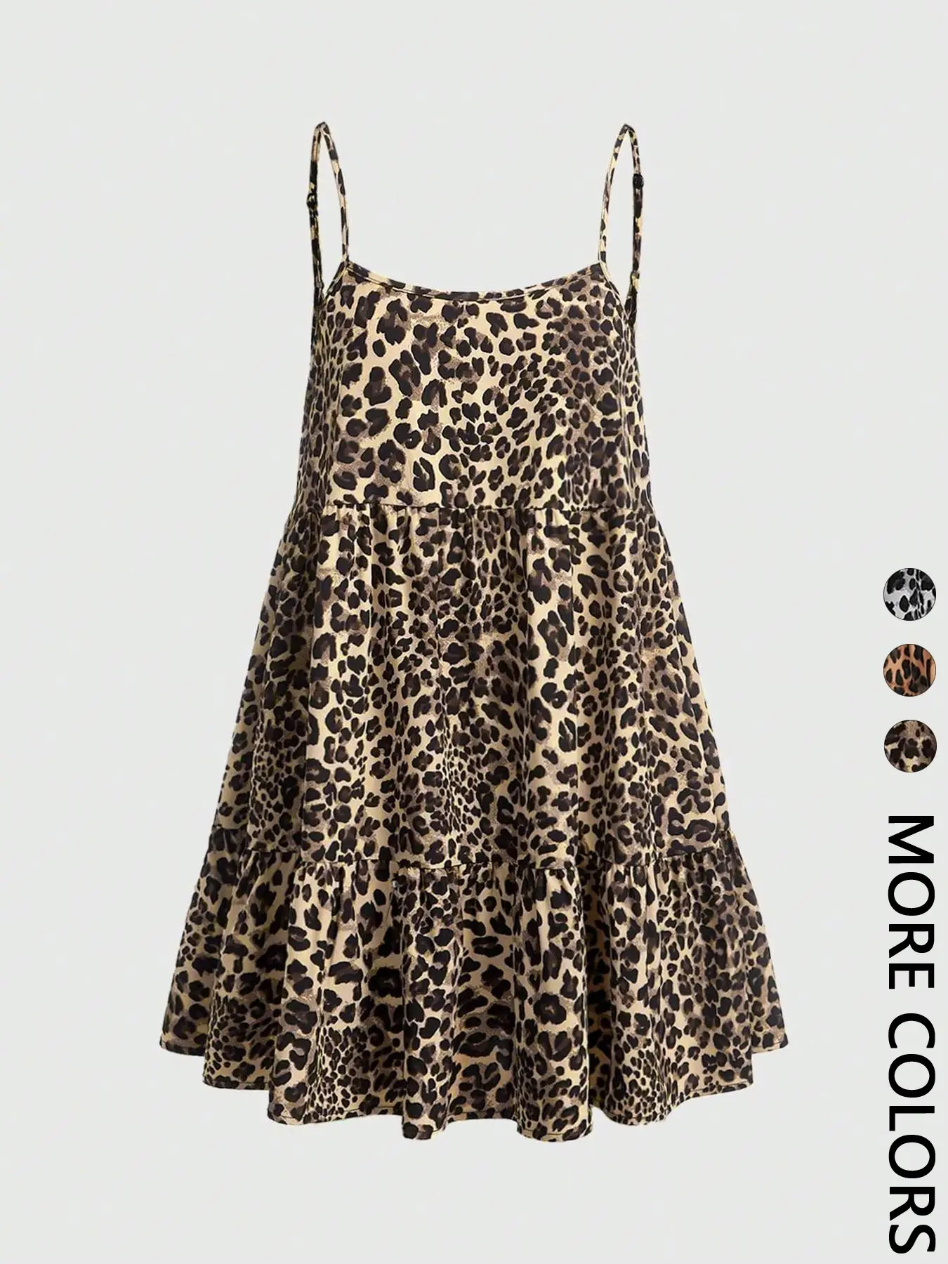 1 Pc Women's Leopard Print Spaghetti-Strap Sleeveless Summer Sundress, Feminine Tiered Ruffle Hem & Adjustable Strap Design, Babydoll Dress, Casual wear, Casual Dresses, Womenswear