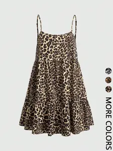 Women's 1pc Leopard Print Spaghetti-Strap Sundress, Feminine Tiered Ruffle Hem & Adjustable Strap Design，babydoll dress, Casual wear