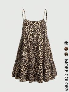 Women's 1pc Leopard Print Spaghetti-Strap Sundress, Tiered Ruffle Hem & Adjustable Strap Design，babydoll dress