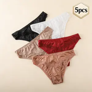 5 Pcs Women Underpants Low-waist Advanced Light Seamless Floral Lace Trim Silky Stretchable Panties Women Honeymoon Wedding Night Thong Womenswear Comfort