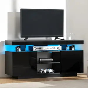 LED TV Stand for 55/50/43/40/32 inch TV Modern Entertainment Center with Power Outlets, Gaming TV Consoles with Storage Media Table with LED Lights Game Cabinet for Living Room