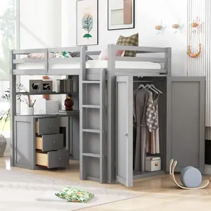 desk bed Twin size Loft Bed with Drawers,Desk,and Wardrobe-Gray