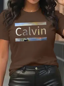 Women's Calvin Abstract Pattern cotton T-Shirt, Casual Fitted, Gradient Letter & Landscape Striped Round Neck Short Sleeve, Spring Summer Top